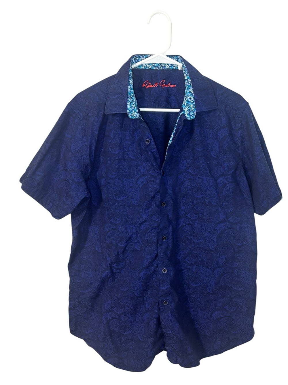 Robert Graham men’s Navy Paisley Short Sleeve Button-Up with Floral flip cuff